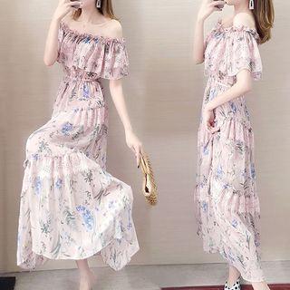 Short-sleeve Off-shoulder Floral-print Midi Dress