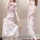 Short-sleeve Off-shoulder Floral-print Midi Dress