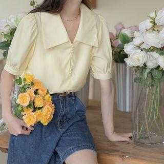 Puff-sleeve Collar Blouse / High Waist Denim Wide Leg Shorts