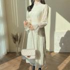Mockneck Full-lace Long Dress Beige - One Size