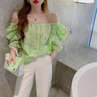Long-sleeve Off-shoulder Print Top Green - One Size