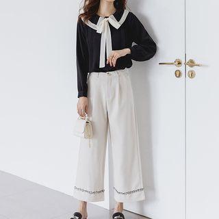 Set: Bow Accent Blouse + Cropped Wide-leg Pants
