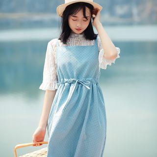 Set : Short-sleeve Lace Top + Spaghetti Strap Dress