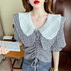 Puff Sleeve Layered Collared Gingham Drawstring Cropped Top