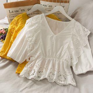 Eyelet Ruffled-trim V-neck Top