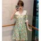 Flower Print Collared Elbow-sleeve A-line Dress