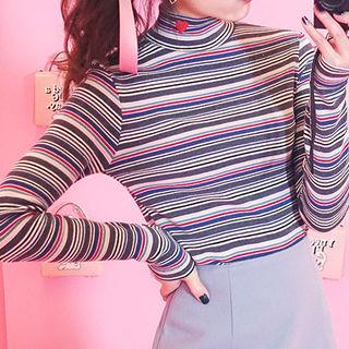 Mock-neck Stripe Slim-fit Top