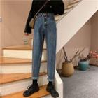 Plain Single-breasted High-waist Slim-fit Jeans