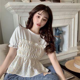 Mock Two-piece Puff-sleeve Floral Print Blouse Yellow - One Size
