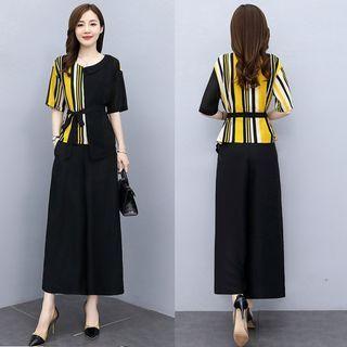 Set: Short-sleeve Striped Panel Blouse + Wide Leg Pants
