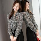 Long-sleeve Tie-neck Houndstooth Blouse