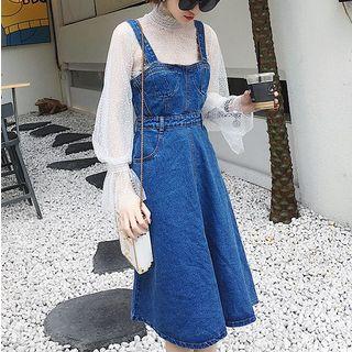 Set: Mock-neck Long-sleeve Top + Denim A-line Pinafore Dress