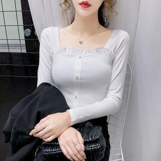 Long-sleeve Square-neck Frill Trim T-shirt