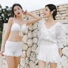 Set: Tie-front Ruffled Bikini + Fringed Cover-up
