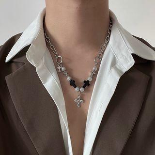 Cross Faux Pearl Pendant Stainless Steel Necklace