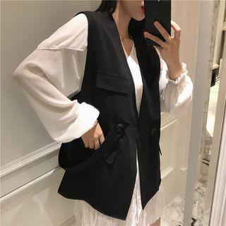 Asymmetric Vest / Long-sleeve Crinkled Dress