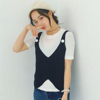Set: Short-sleeve Knit Top + V-neck Knit Vest