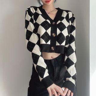 Long-sleeve Argyle Cropped Cardigan