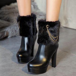 Faux Fur Trim Platform Block Heel Short Boots