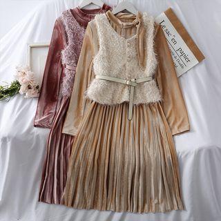 Set: Tie-neckline Pleated Velvet Dress + Fringed Vest With Belt