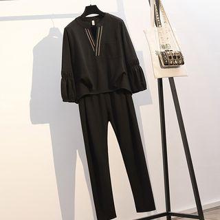Set: V-neck Striped Long-sleeve Top + Elastic Waist Pants
