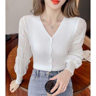 Long-sleeve Panel V-neck Button-up Knit Top