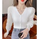 Long-sleeve Panel V-neck Button-up Knit Top