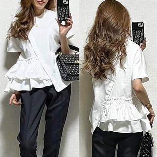 Short-sleeve Asymmetric Ruffle Trim Plain Blouse