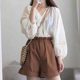 Set: Puff-sleeve V-neck Top + Wide-leg Shorts