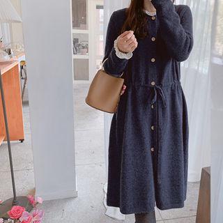 Drawstring-waist Wool Blend Long Cardigan Navy Blue - One Size