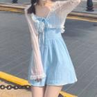 Lace-up A-line Suspender Skirt / Long-sleeve Cropped Shirt