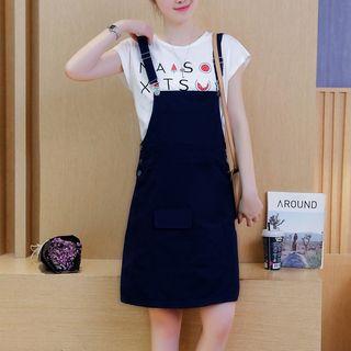 Set: Letter Short-sleeve T-shirt + Denim Pinafore
