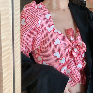 Heart Printed Square-neck Puff-sleeve Blouse