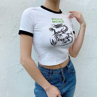 Contrast Trim Dragon Print Short-sleeve Cropped T-shirt