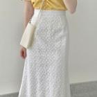 Square-neck Short-sleeve Blouse / Lace Midi A-line Skirt / Set