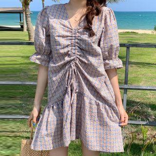 Puff-sleeve Plaid Drawstring Dress