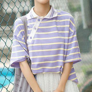 Elbow-sleeve Asymmetric Striped Polo Shirt