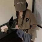 V-neck Embroider Letter Button-up Knit Cardigan
