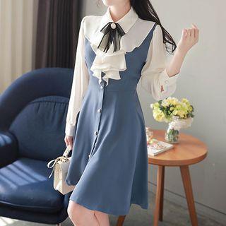 Inset Ruffled Blouse Flared Dress With Brooch