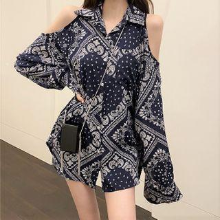 Off-shoulder Printed Shirt As Shown In Figure - One Size