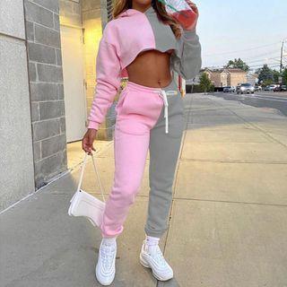 Set: Two-tone Cropped Hoodie+ Sweatpants
