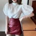 Balloon-sleeve Lace Blouse / Faux Leather Mini A-line Skirt