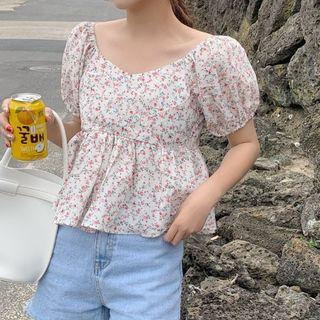Floral Short-sleeve V-neck Top As Shown In Figure - One Size