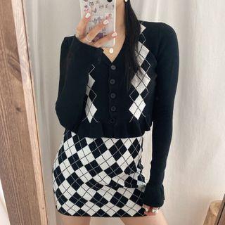 Cropped Argyle Cardigan / Knit Mini Skirt
