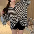 Long-sleeve Open-back Hooded Striped T-shirt Stripe - Black & White - One Size