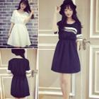 Short-sleeve Lace Trim Gather-waist Dress