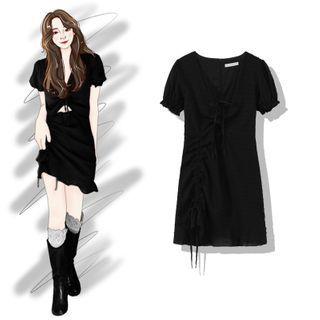 V-neck Plain Pleated Ruffle A-line Dress Black - One Size