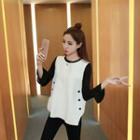 Set: Bell-sleeve Knit Top + Buttoned Knit Vest Set - Top - Black - One Size / Vest - Almond - One Size