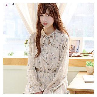 Tie-neck Floral Pattern Long Dress