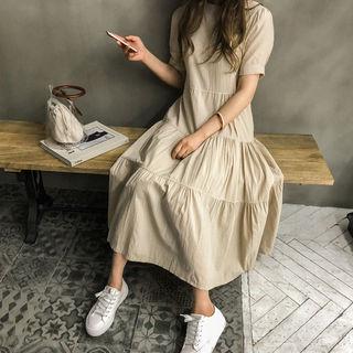 Round-neck Puff-sleeve Tiered Maxi Dress